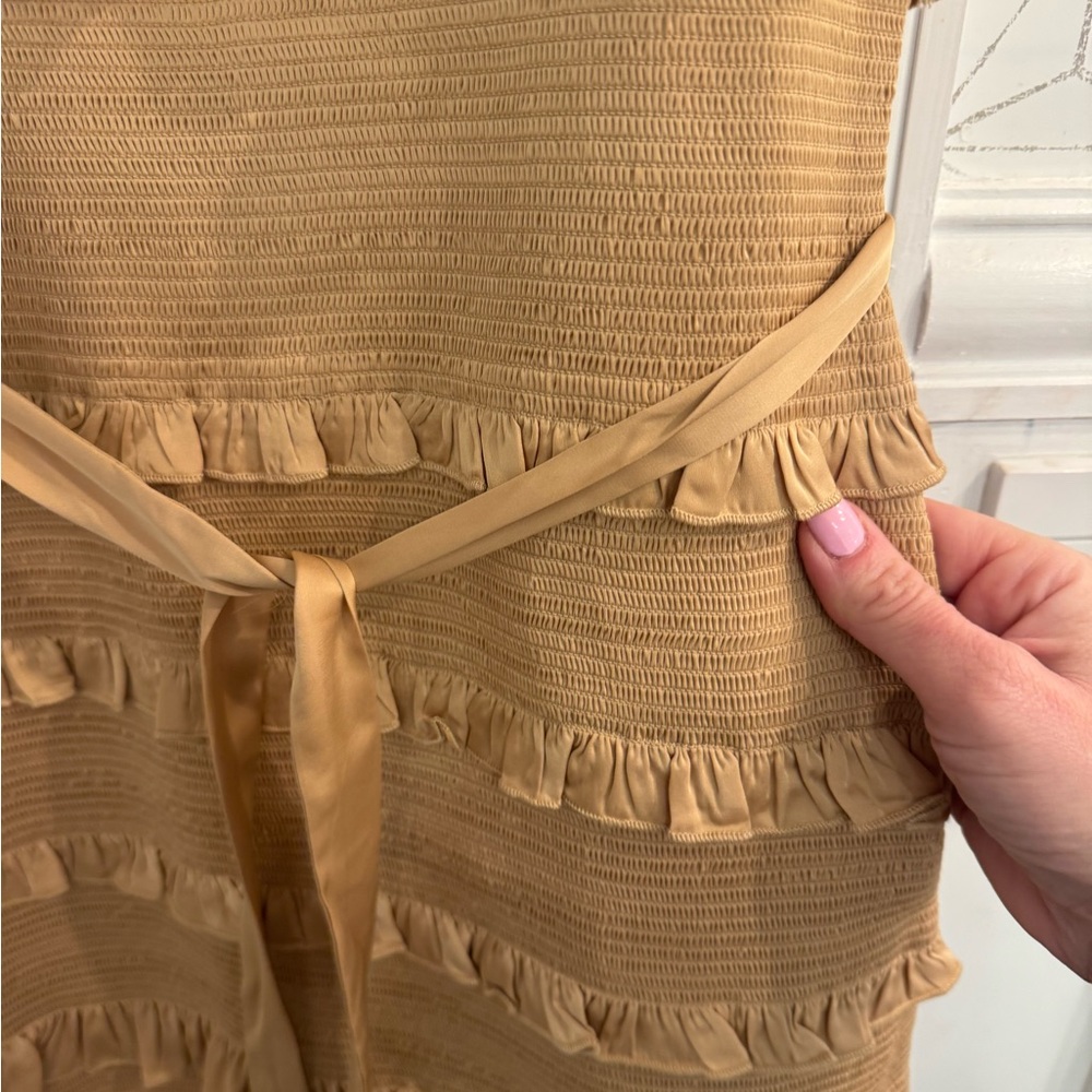 V. Chapman Liky Dress Tan Size 4 Smocked Ruffle Midi - Picture 7 of 8